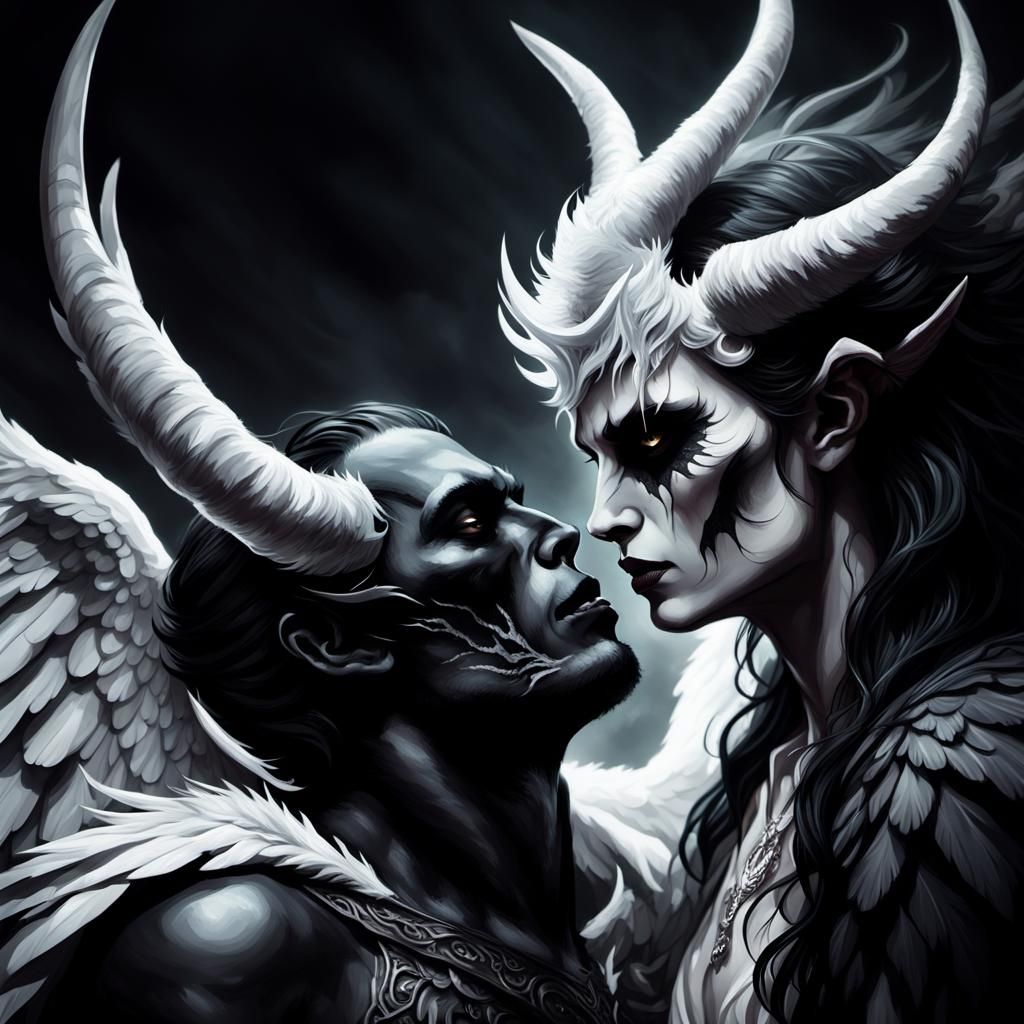 Angel Kissing Demon in Dark Fantasy Style