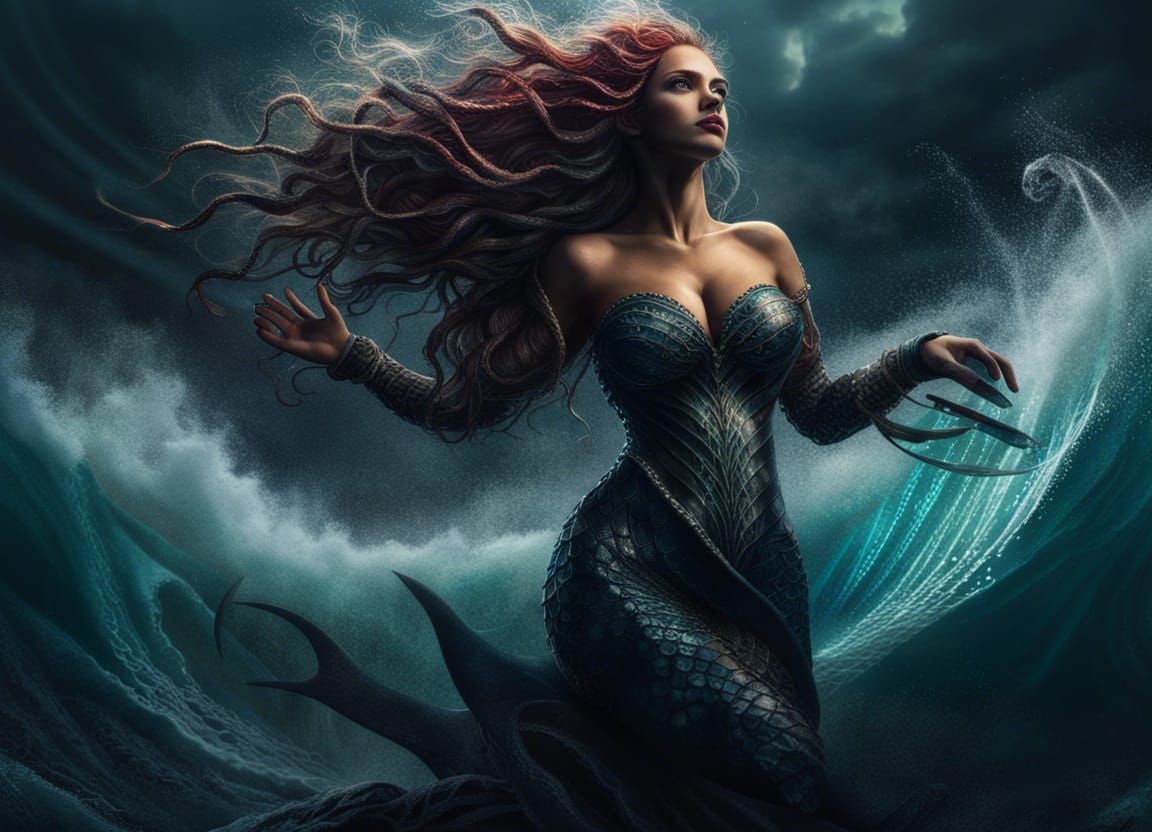 Evil Mermaid Conjuring a Storm, Hyperrealistic Art
