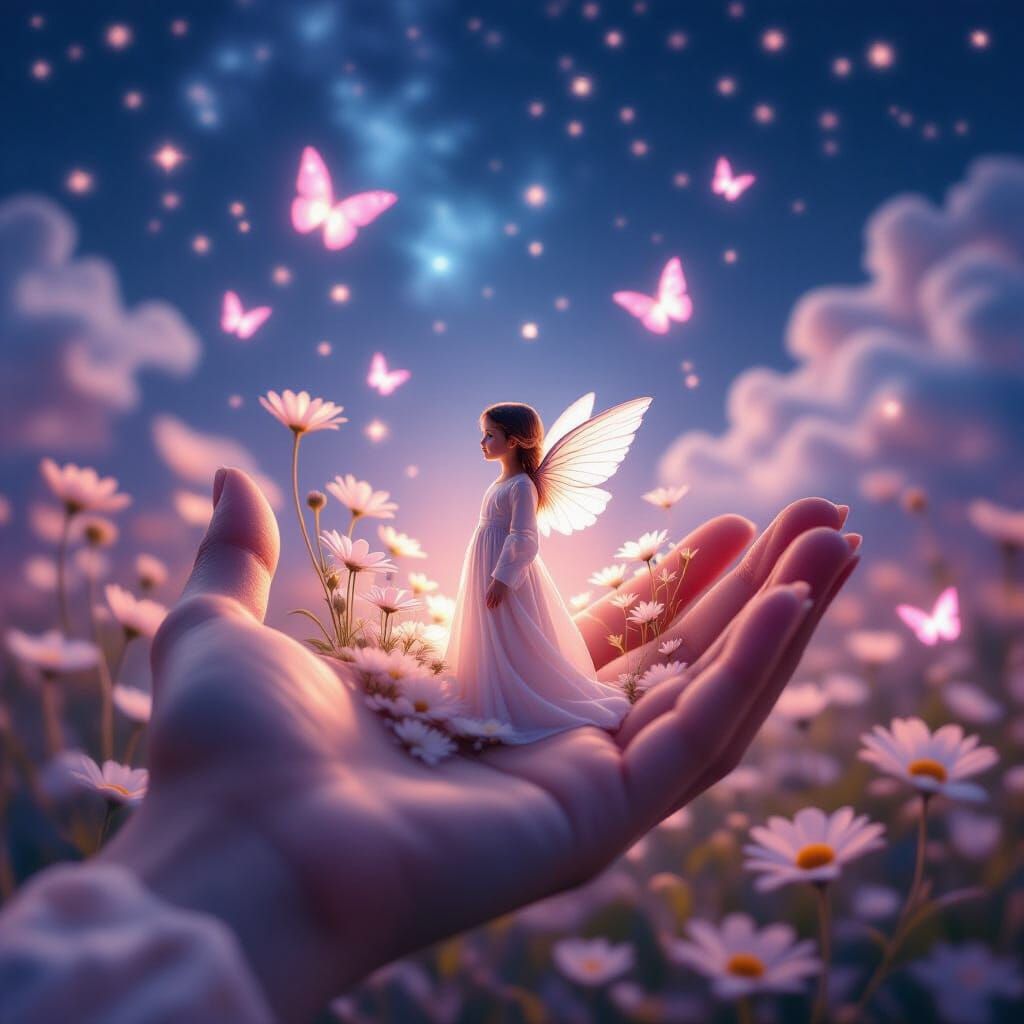 Dreamscape Held in Hand: Girl in Moonlit Meadow