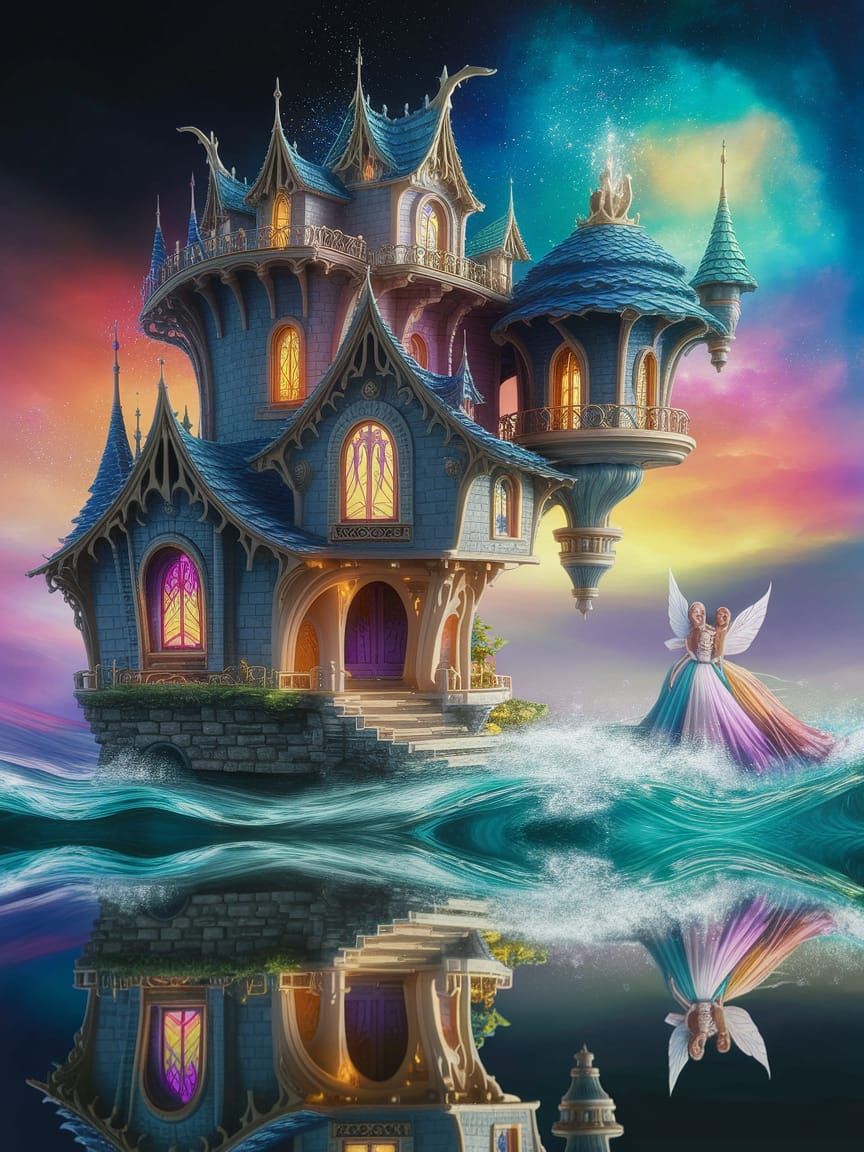 A majestic, fairytale-inspired fairy castle house with slender, crystal spires and grand, sweeping arches, stands proudl...