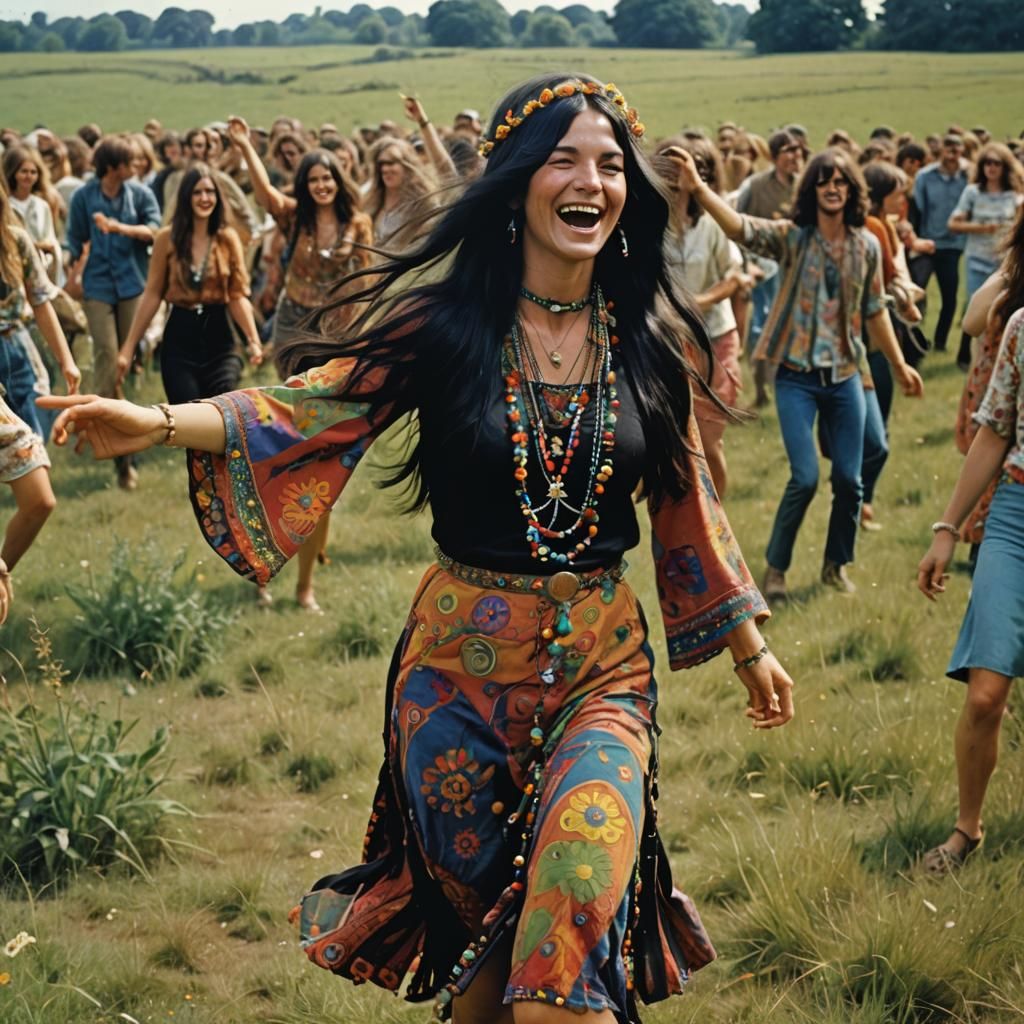 Psychedelic Hippie Girl Dancing in Field