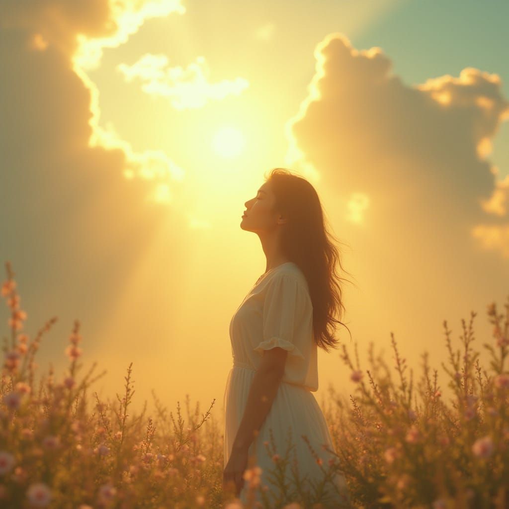 Serene Woman in Heavenly Sunshine, Ethereal Dreamscape