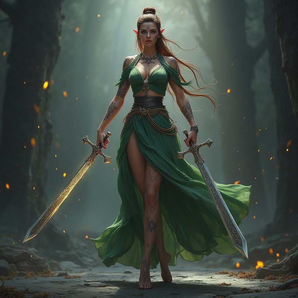Majestic Wood Elf Wardancer in Elegant, Dark Fantasy Style