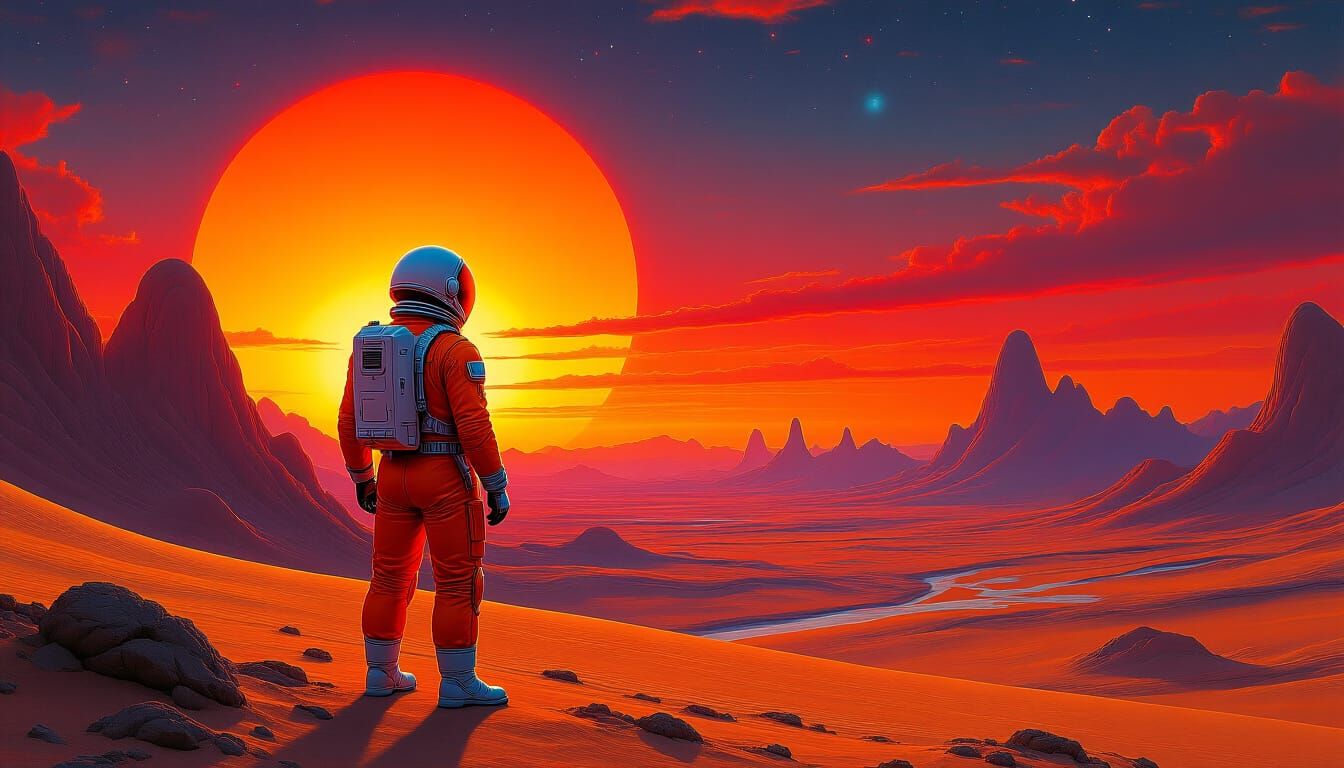 Retro-Futuristic Astronaut on Alien Planet at Crimson Sunset