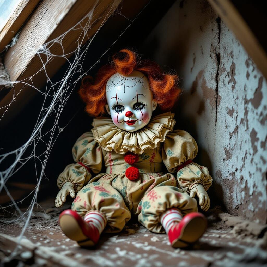 Creepy Vintage Clown Doll in Dusty Attic by Moonlight