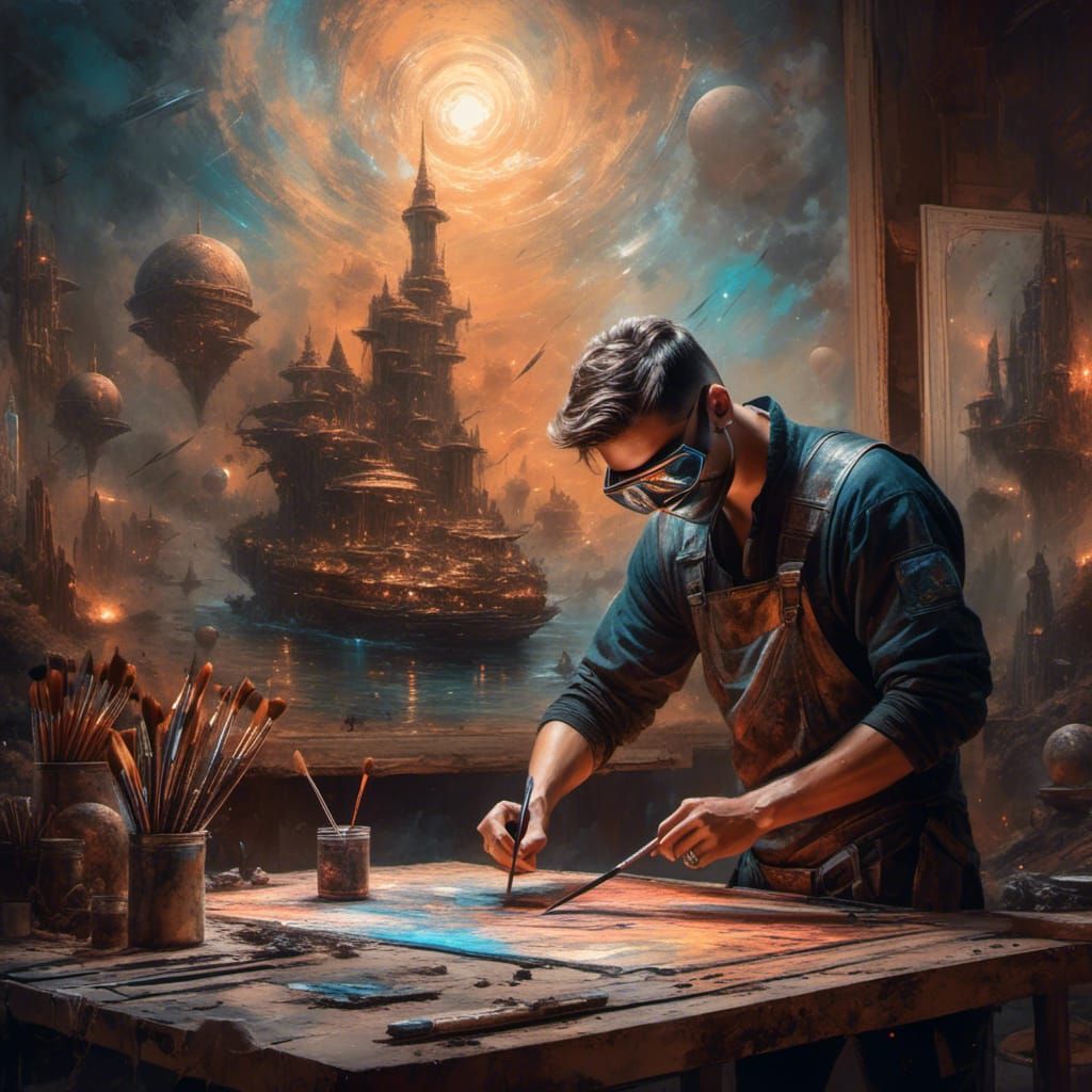 Blindfolded Artist Painting Masterpiece in Cozy Studio