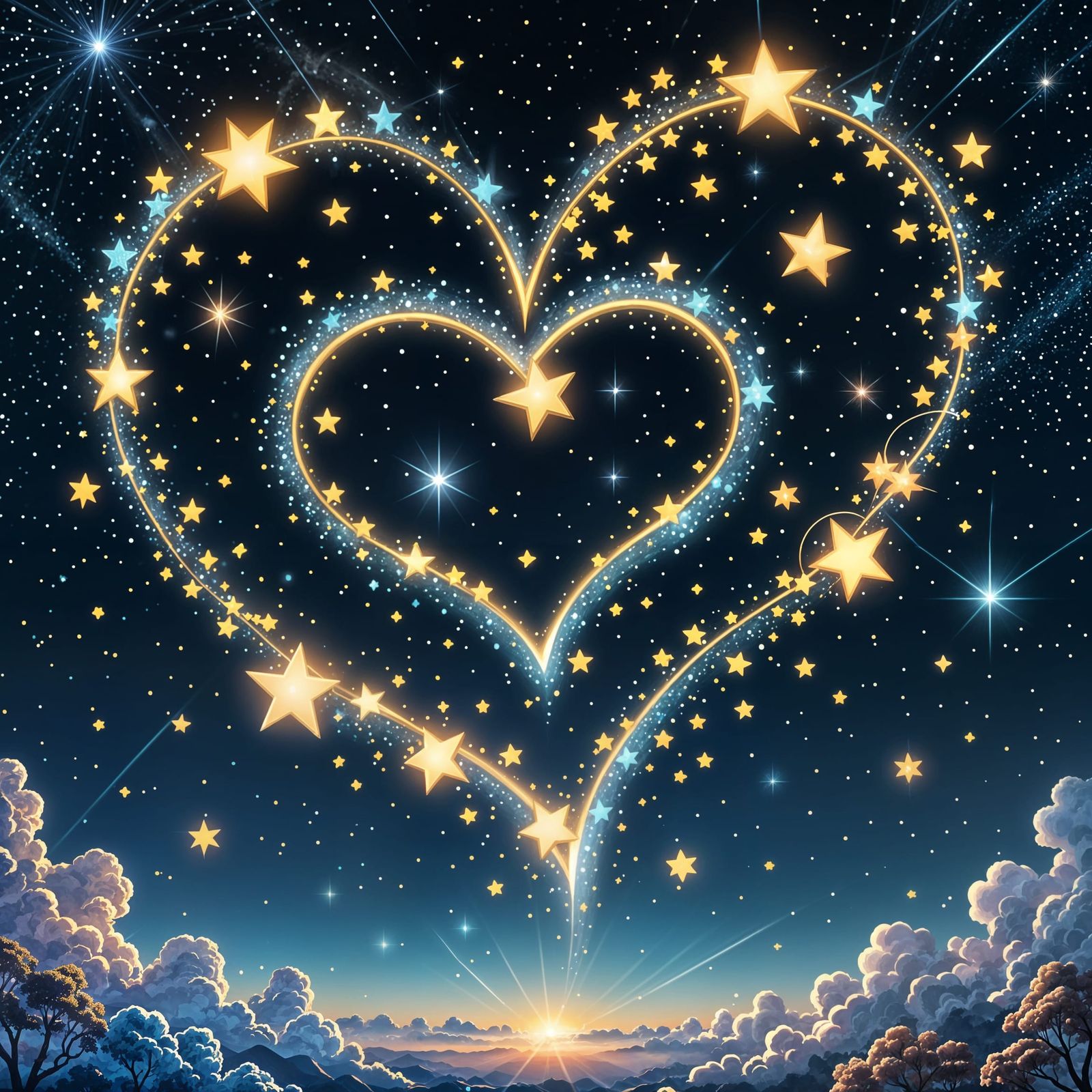 Heart-Shaped Stars Twinkling in Cartoon Realistic Style