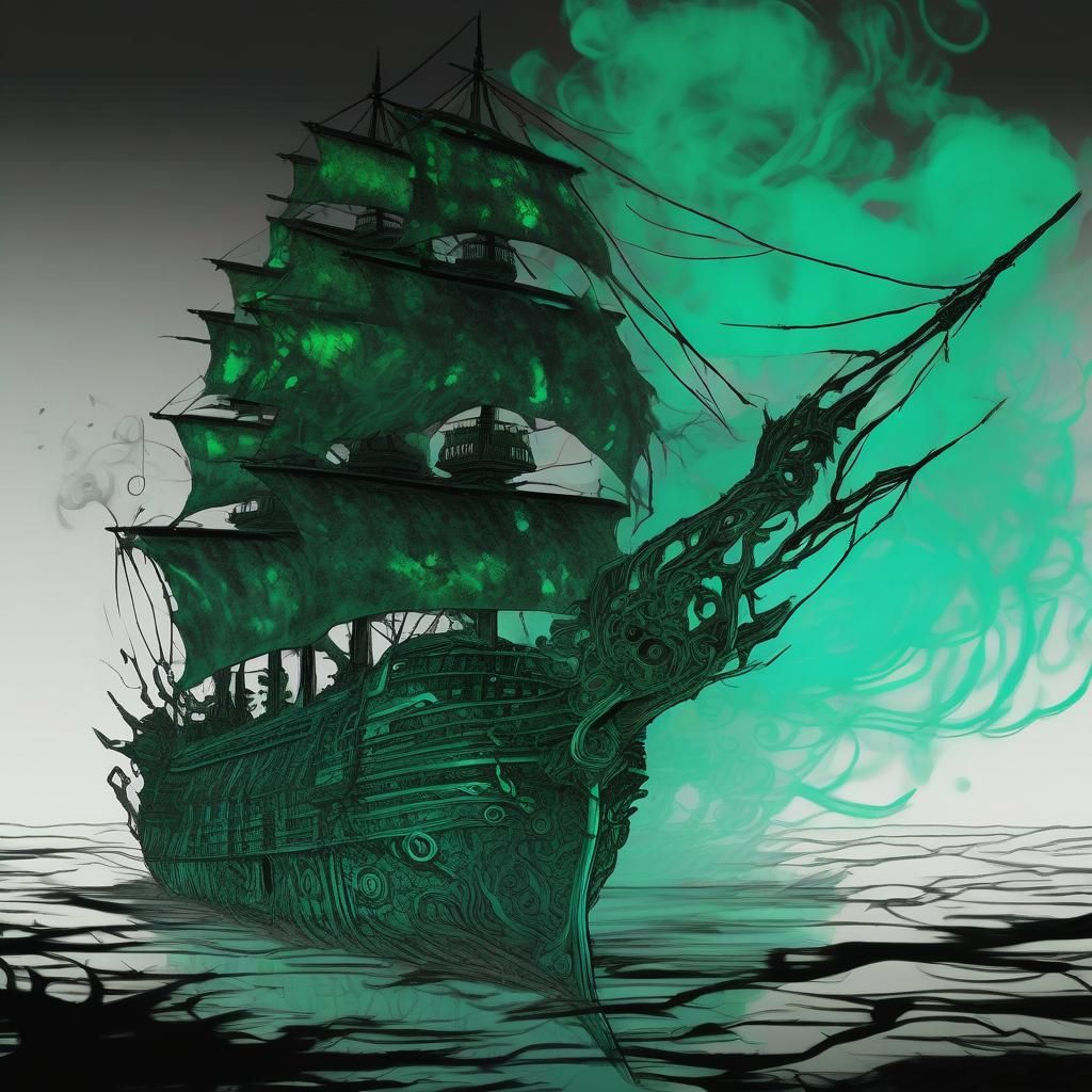 Mythic Ship in Japanese Ink Art Style