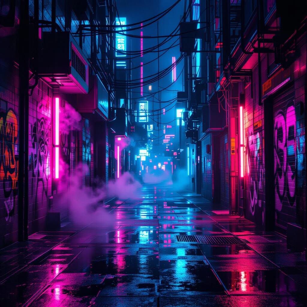 Cyberpunk Alleyway at Night with Neon Reflections