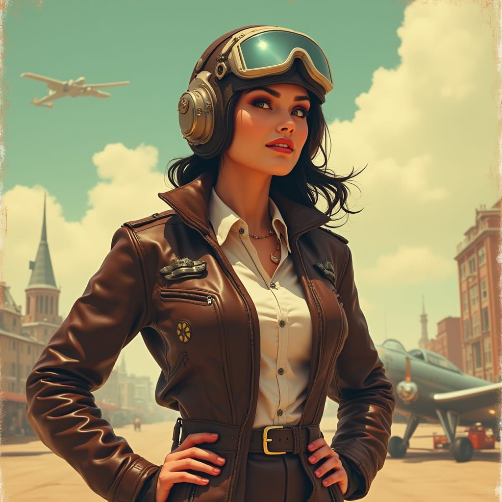 Woman Bomber Pilot in Retro-Futuristic Digital Art