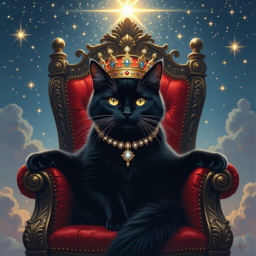 Menacing Black Cat King on Throne with Crown