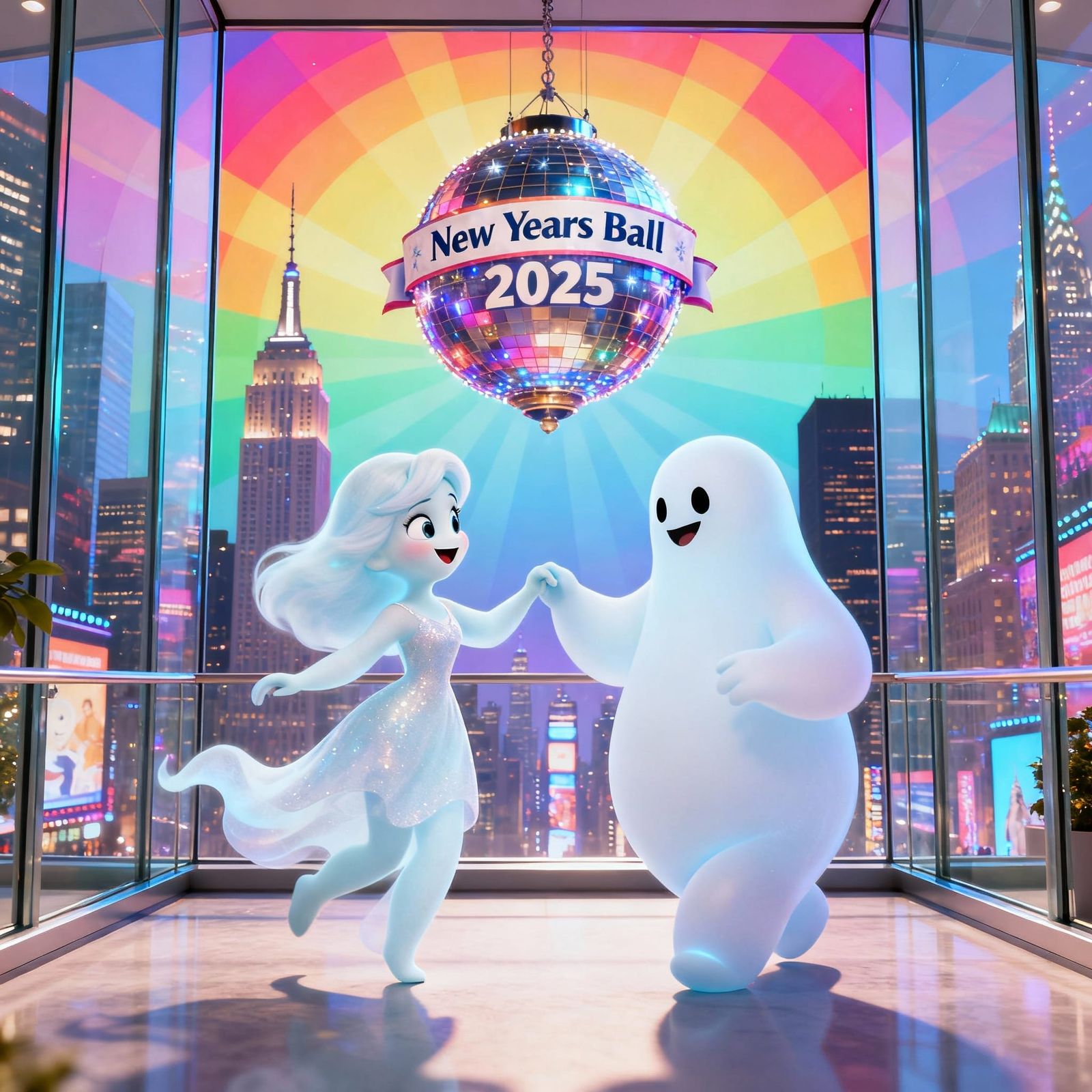 Cute Ghosts Dancing at New Year's Ball