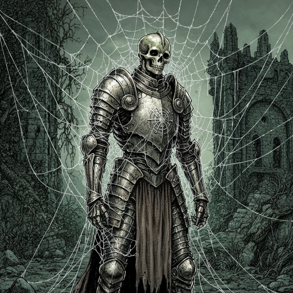 Skeleton Knight Guarding Ruin in Silver Spiderwebs