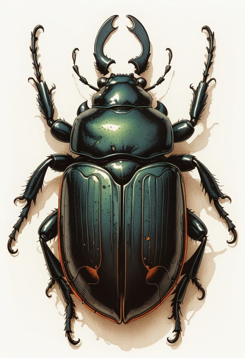 Detailed Black Beetle Silhouette Illustration in Vivid Color...