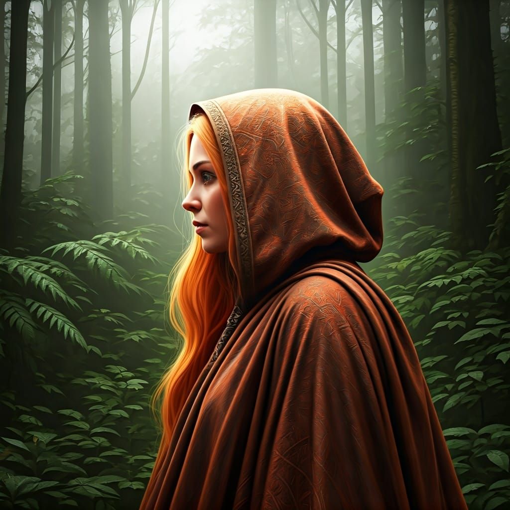 Hooded Woman Gazing into Misty Forest, Digital Art