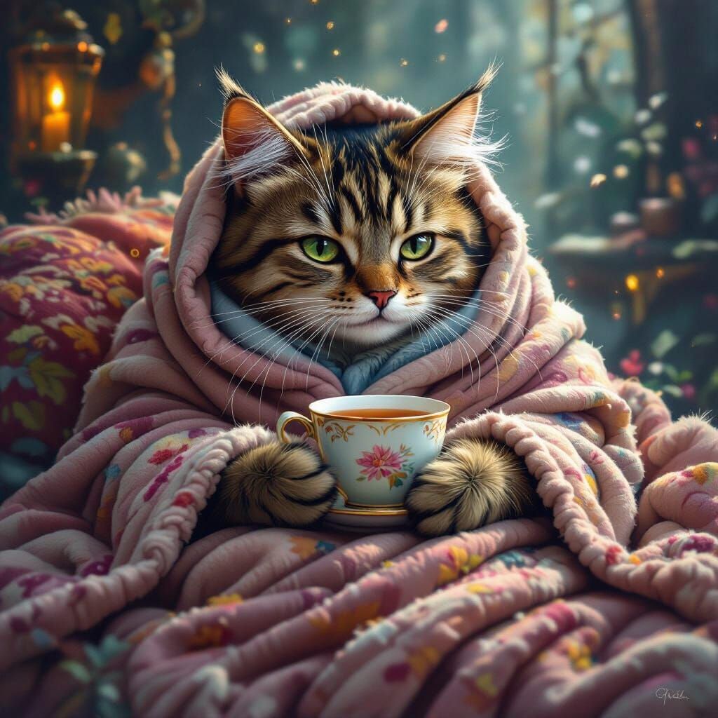Contemplative Cat Sipping Tea in Dreamlike Digital Art