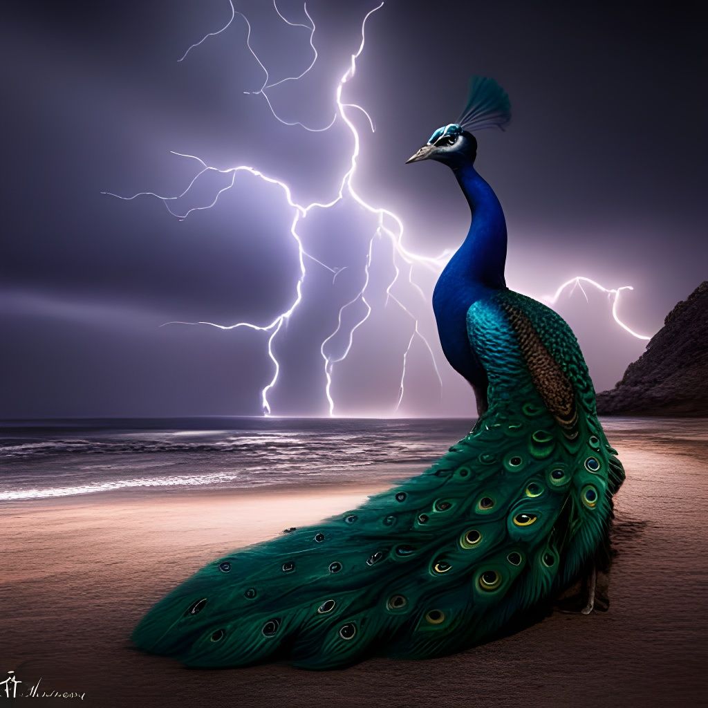 peacock on beach in lightning storm
