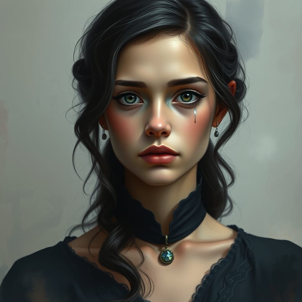 Young woman with dark, wavy hair and striking eyes, wearing elegant attire, teardrop-like makeup, melancholic yet captiv...