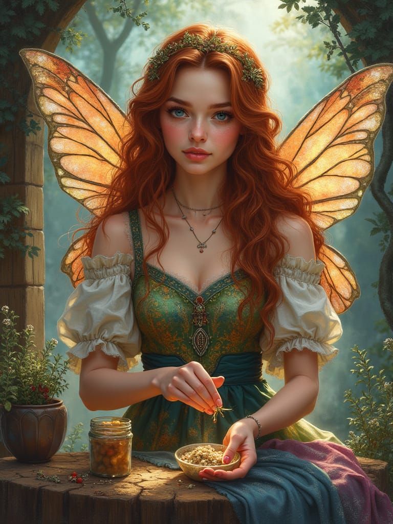 Fairy Prepares Magical Remedies in Natural Cottage