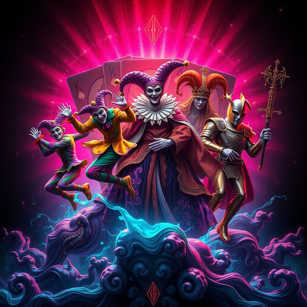Ethereal Jesters Emerge from Glowing Playing Cards in Art No...