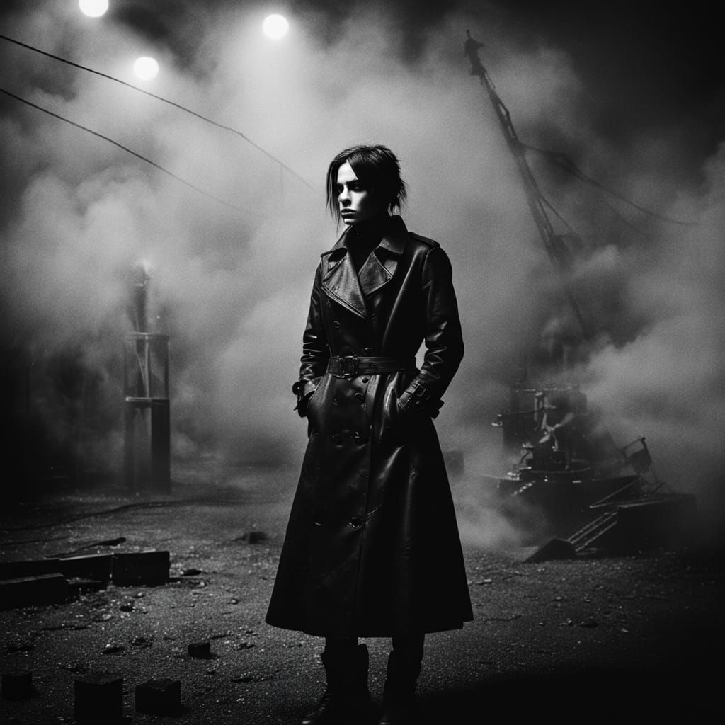 Goth Fashion Model Amidst Smoky Iron Ruin in Grainy Black an...
