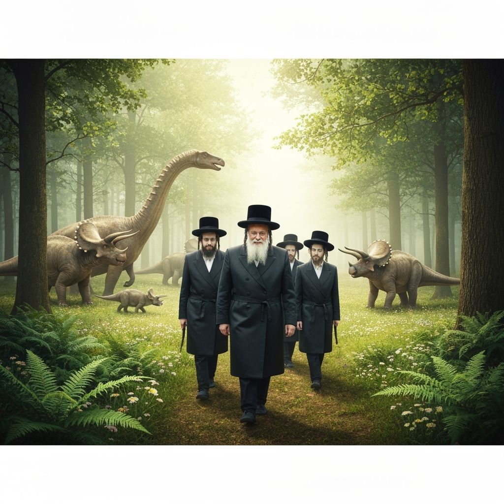 Hasidic Rebbe Walks With Dinosaurs in Dreamlike Forest