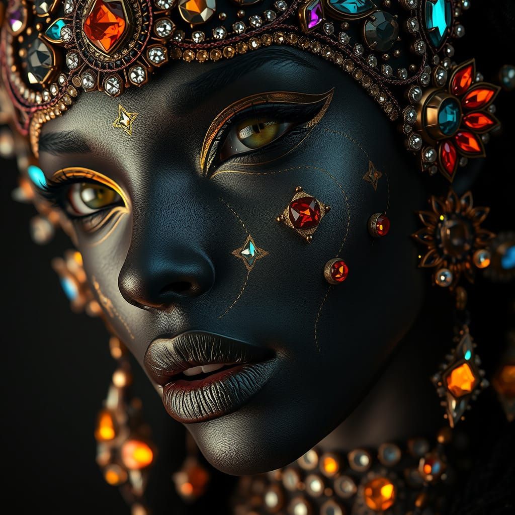 Majestic Black Goddess with Shimmering Mosaic Jewels