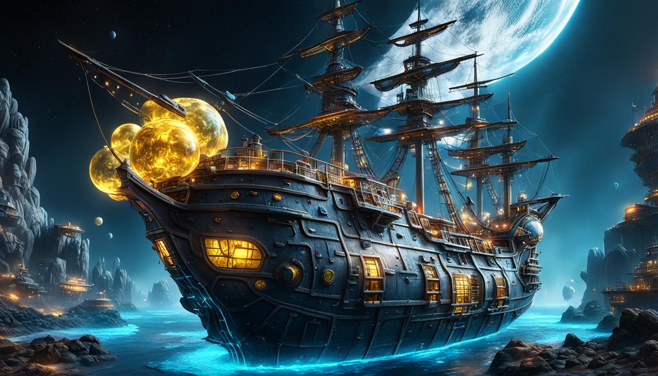 Detailed Space Colony Pirate Ship in Matte Painting Style