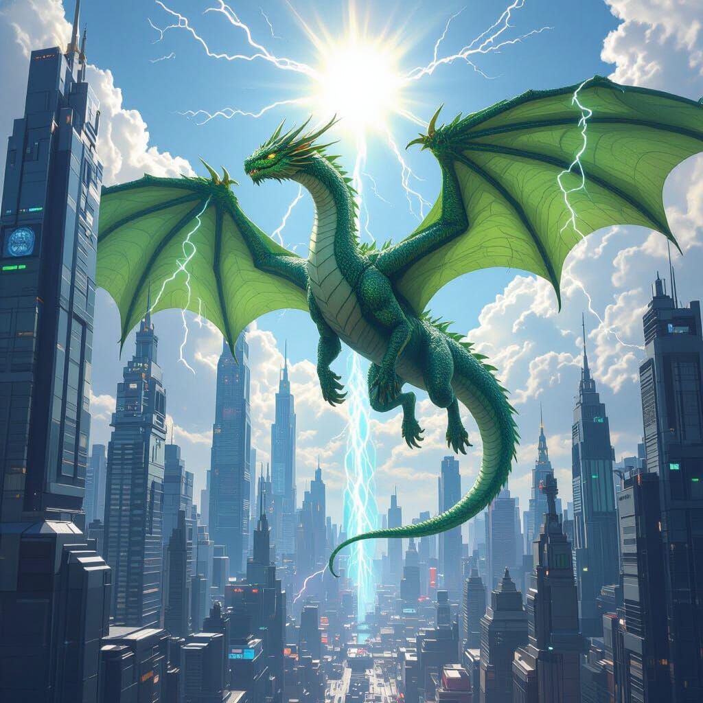 Two-Headed Dragon Over Futuristic City with Lightning