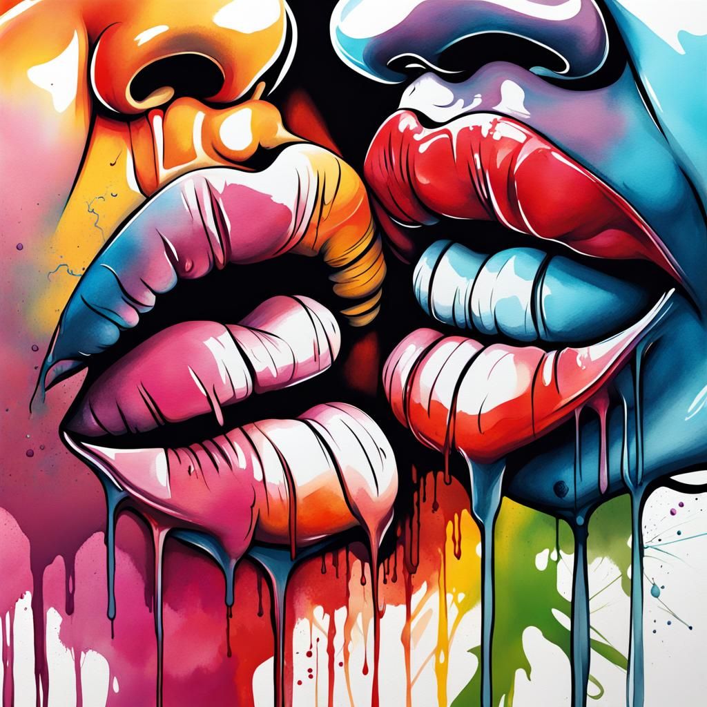 Watercolor Kiss: Polychromatic Street Art Style
