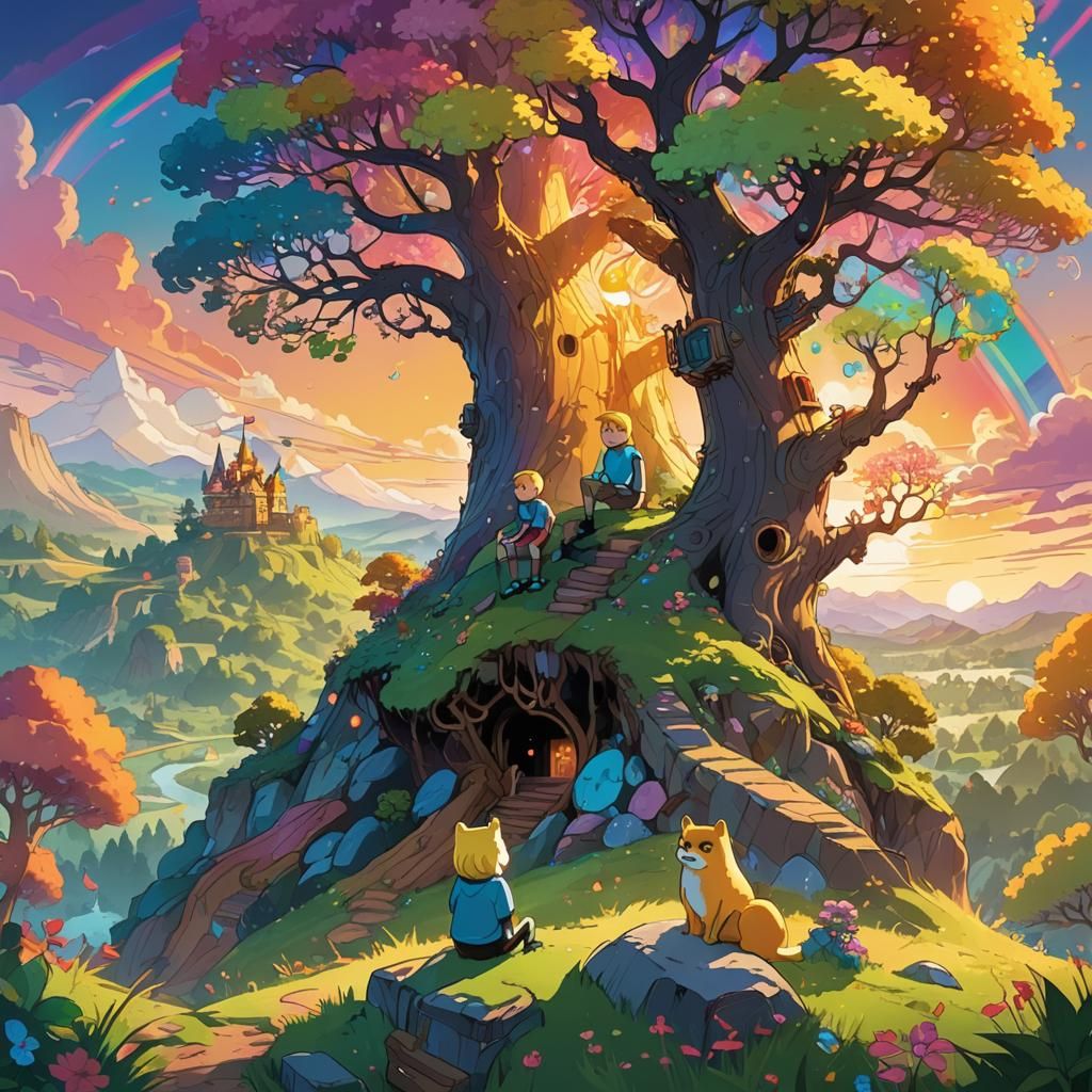 Finn and Jake Watch Sunset in Adventure Time Landscape