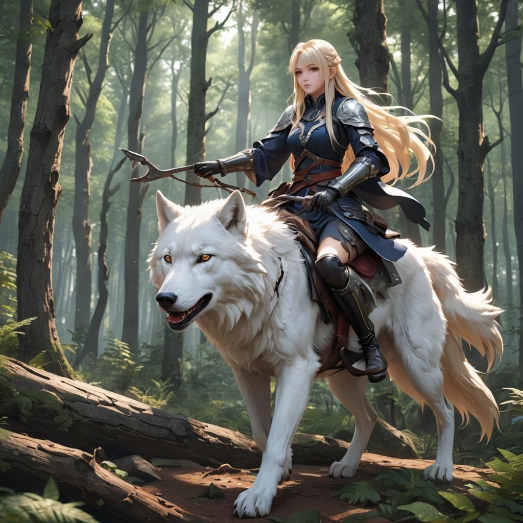 Anime Girl on White Wolf in Forest, 3D Art