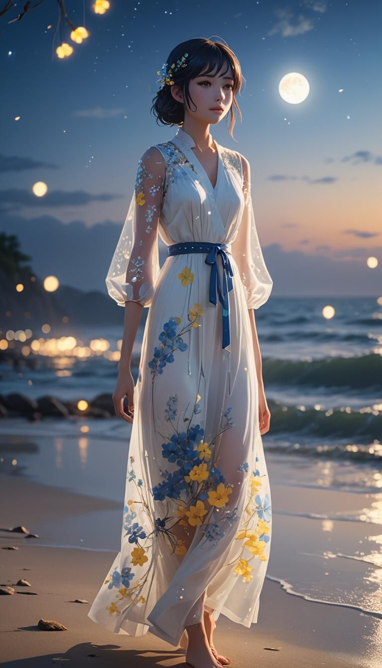 Anime Girl on Moonlit Beach in 3D