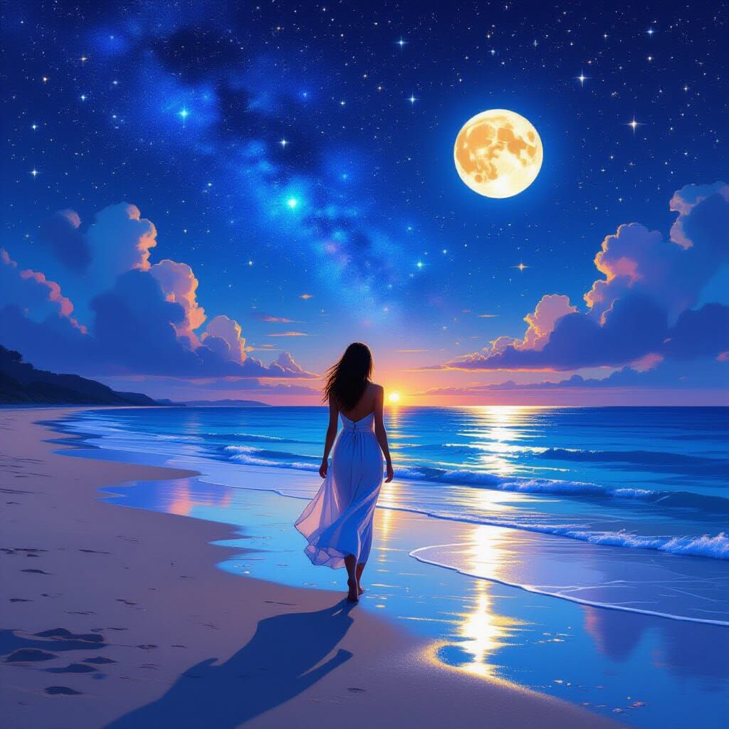 Woman on Tranquil Beach in Astral Cosmic Style