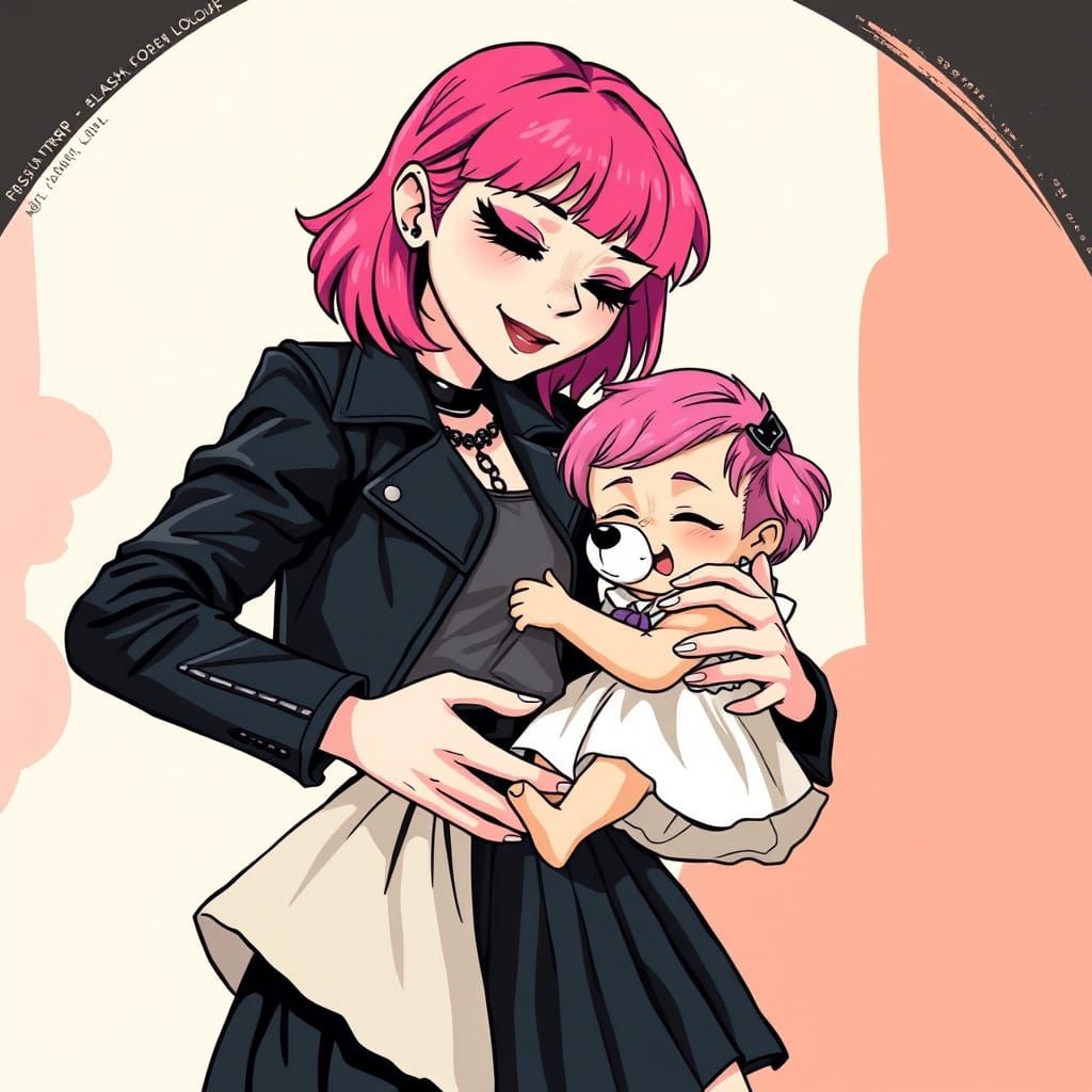 Goth Mother and Child with Puppy, Digital Art