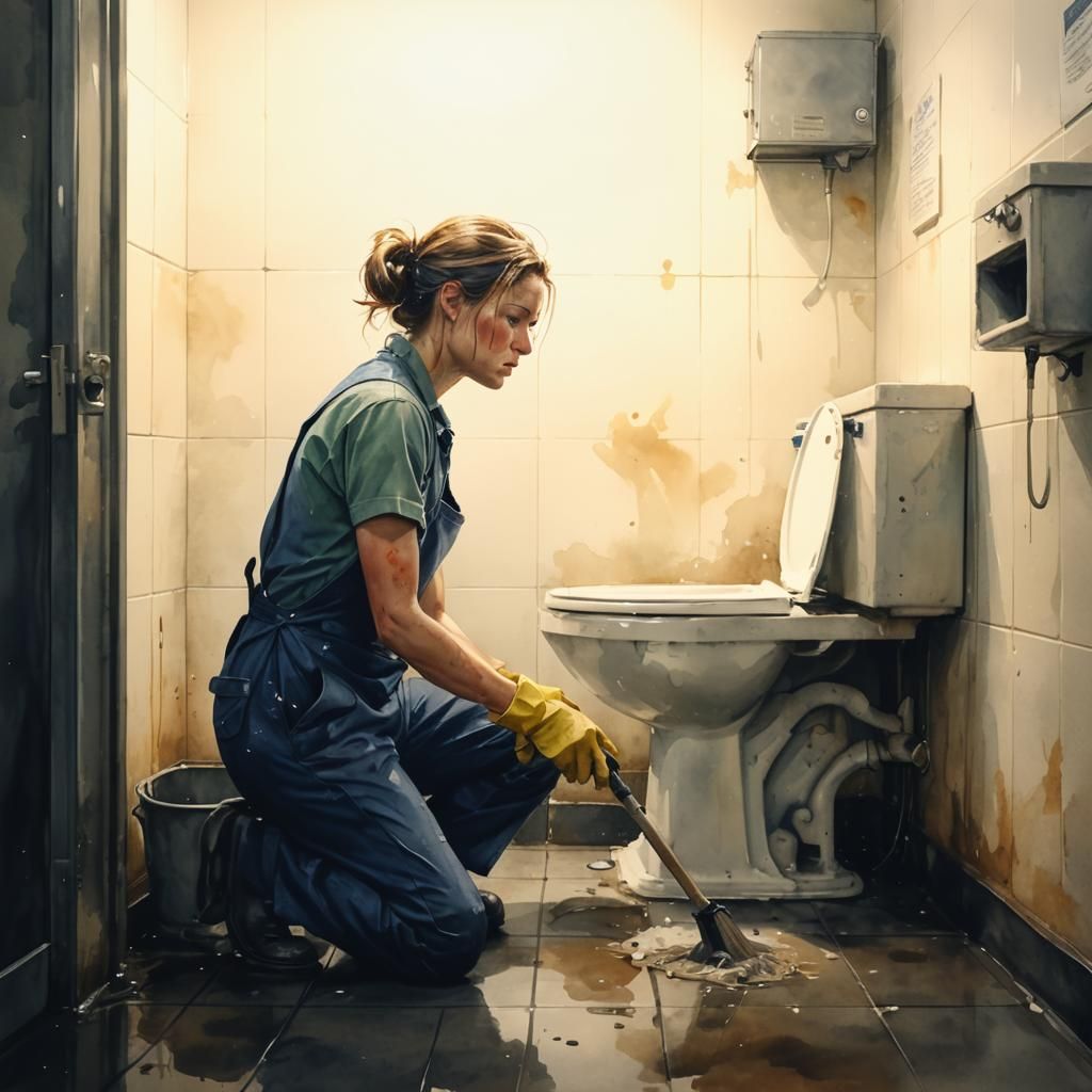 Weary Janitor Finds Strength in Public Restroom Cleaning
