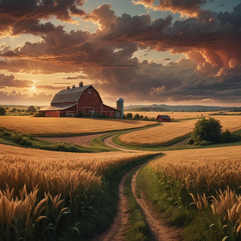 Serene Farm at Sunset: A Digital Matte Painting