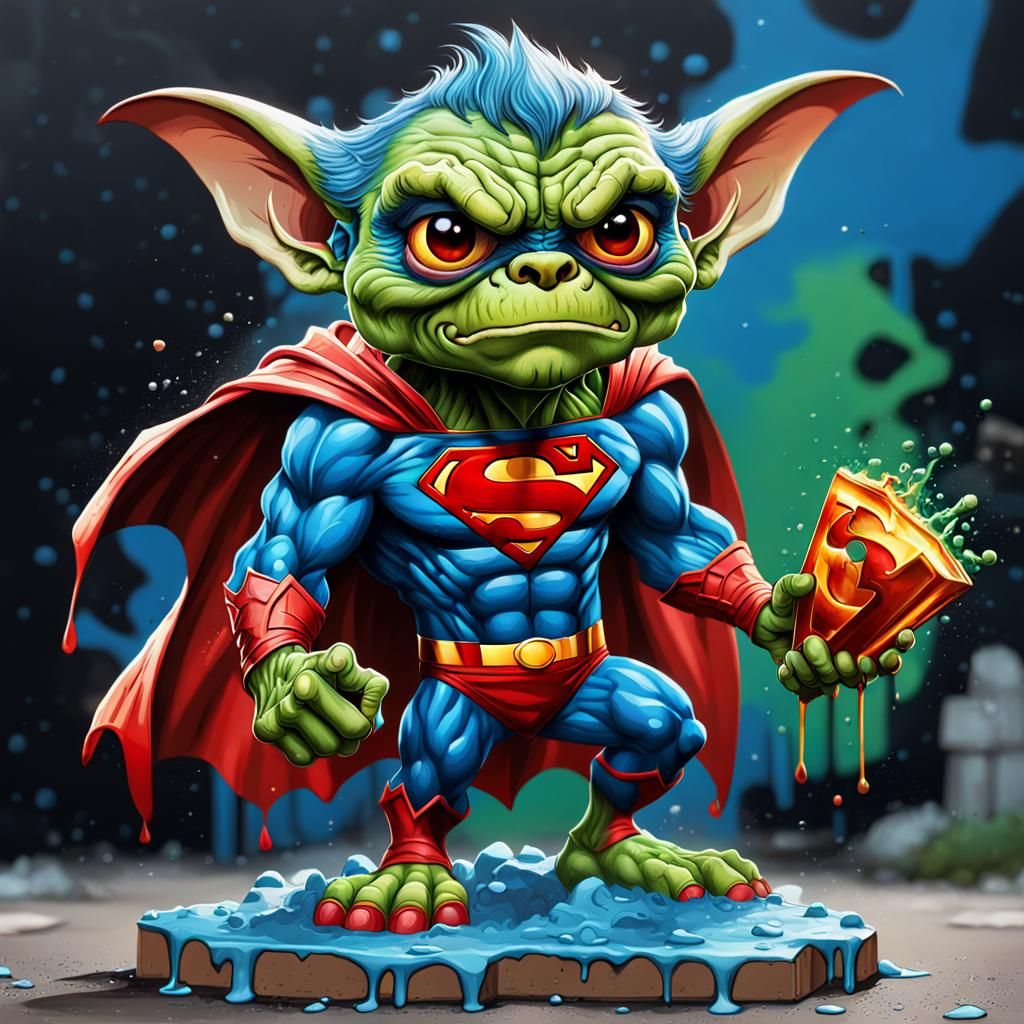 Gremlin as Superman Graffiti Art with Kryptonite