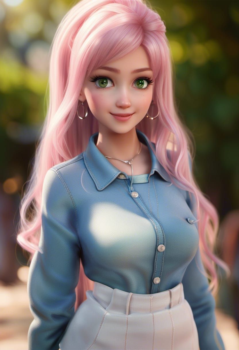 Smiling Green-Eyed Girl in Anime Barbie Style