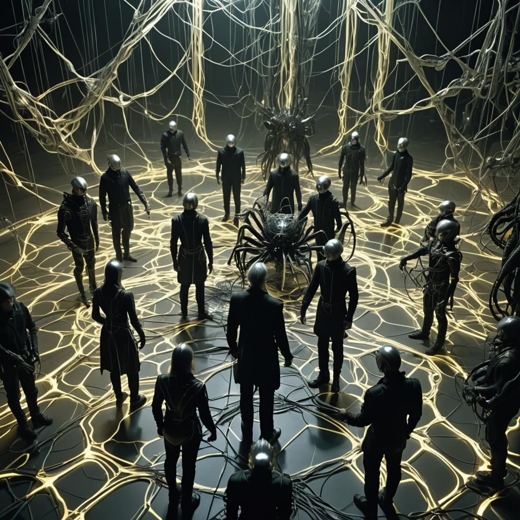 Mirrorsian Cyborgs Gathering Neon Threads in Dystopian City