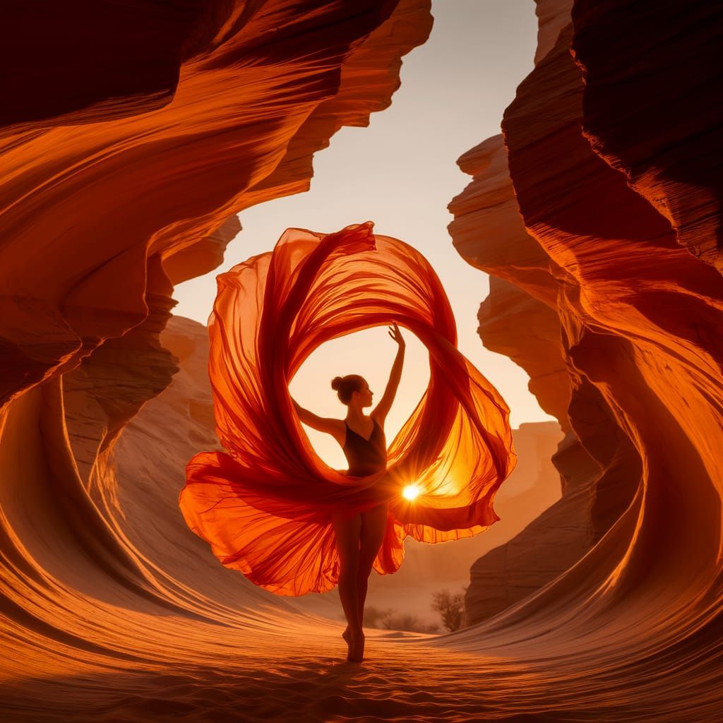 Dancer in Orange Fabric Under Golden Hour Light
