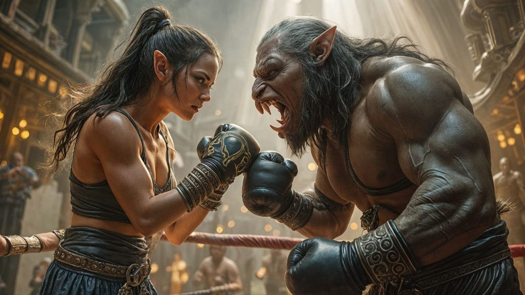 Epic Fantasy Boxing Match in a Whimsical Inn Setting