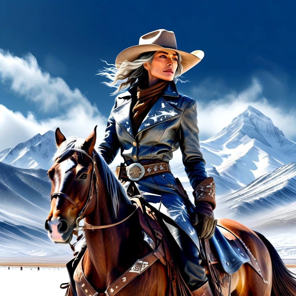 Stern Cowgirl Rides Through Snowy Mountains