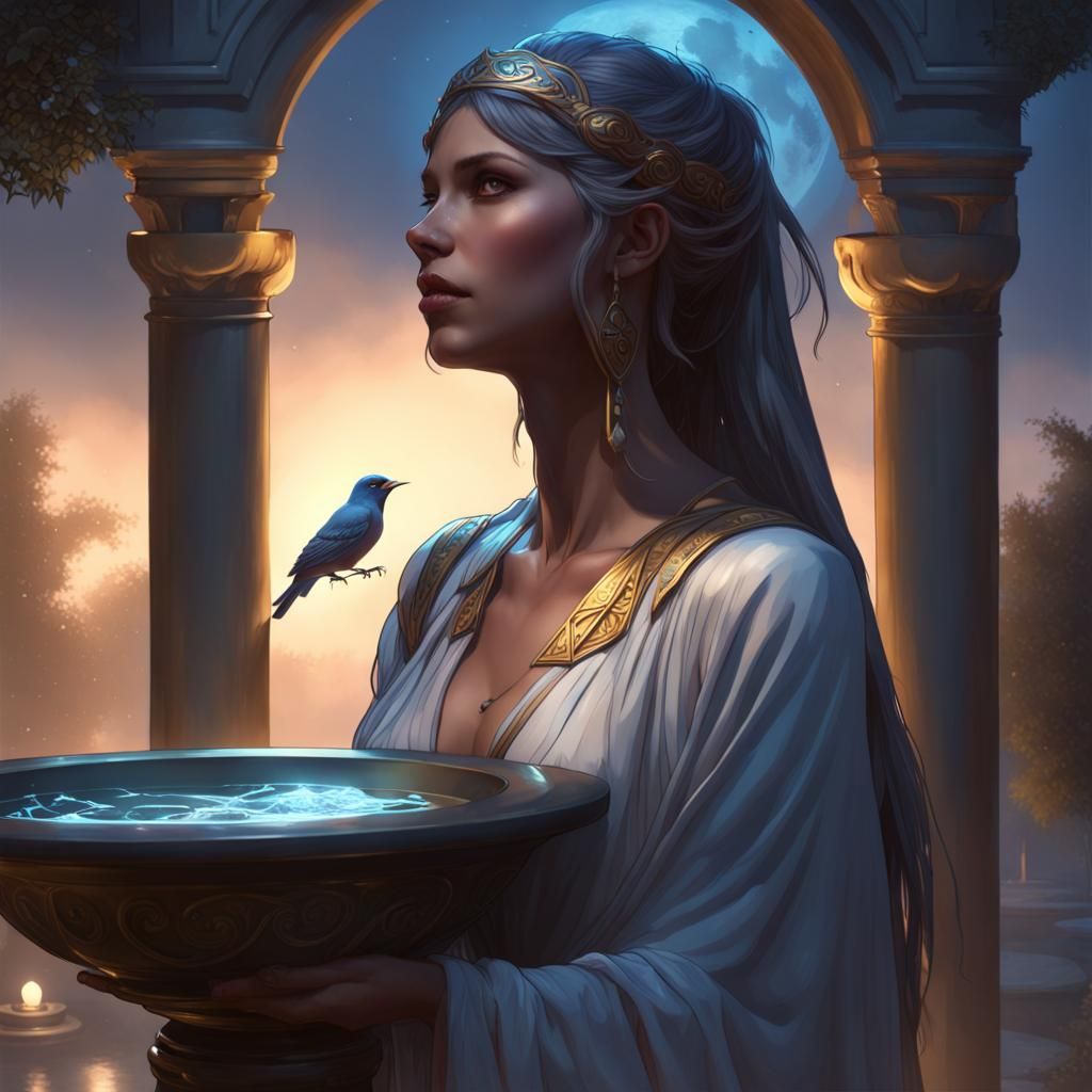 Priestess Overlooking Birdbath in Moonlight, Art Nouveau Sty...