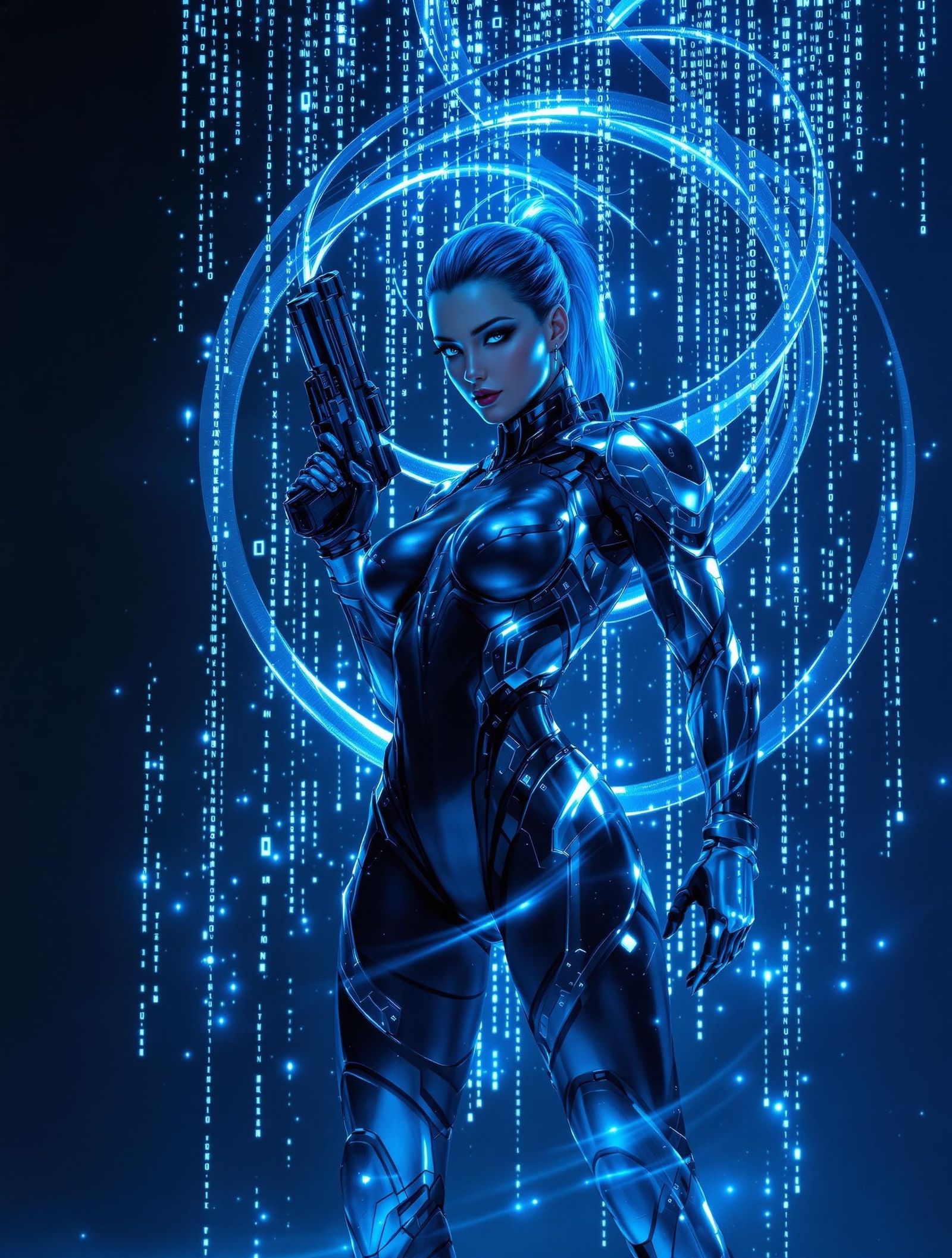 Futuristic Woman with Glyphs in Hyperrealistic Style