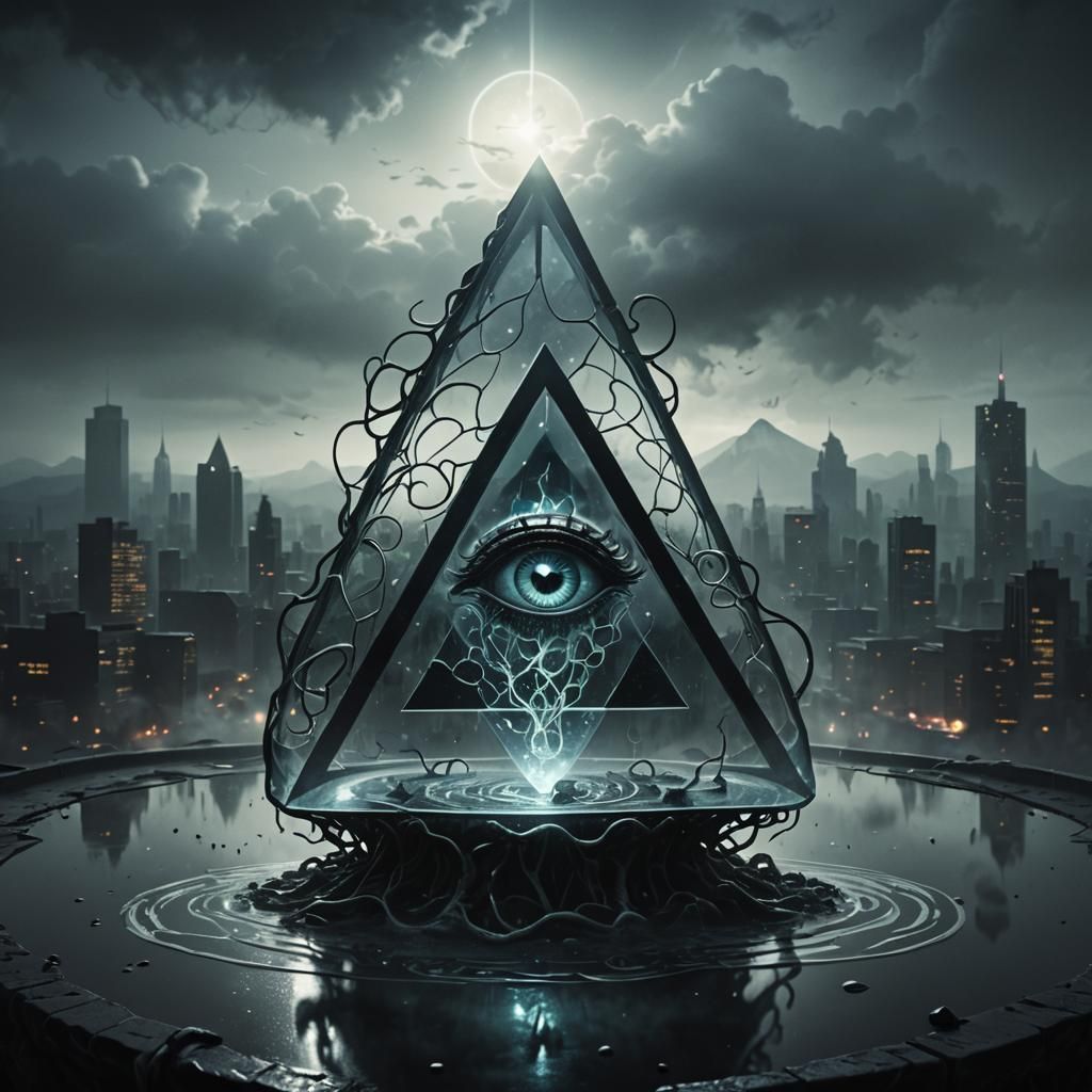 Eerie Dark Fantasy Glass Brain in Futuristic Cityscape