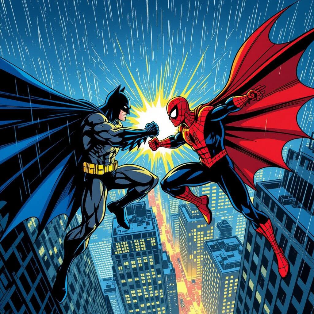Batman and Spiderman Battle in Retro Comic Style