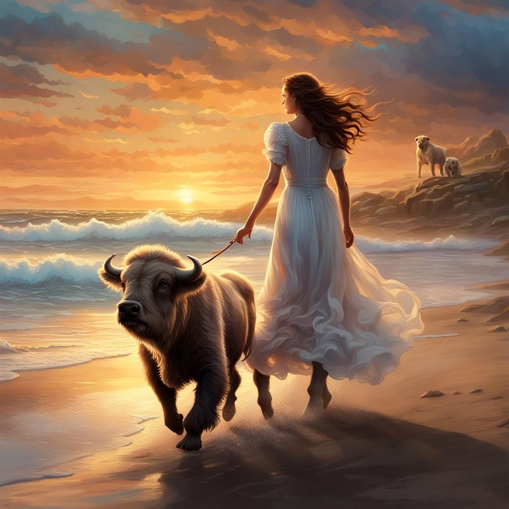 Girl and Puppy at Sunset: Detailed Digital Art