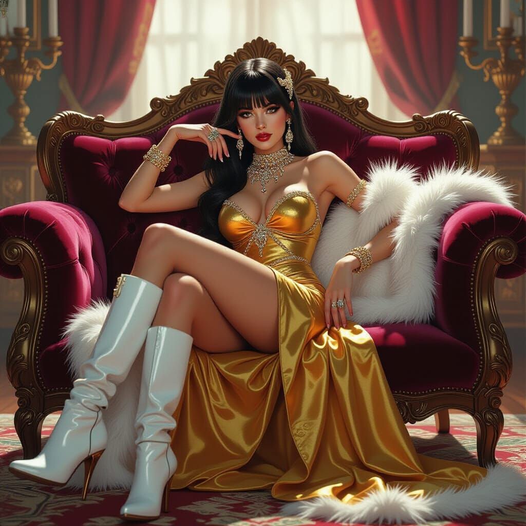 Goddess on Velvet Sofa with Golden Gown