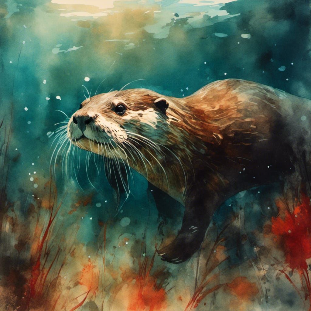 Sunlit Otter Swimming Underwater in Watercolors